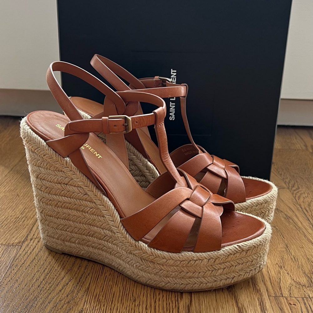 Saint Laurent Tan Wedge Sandals